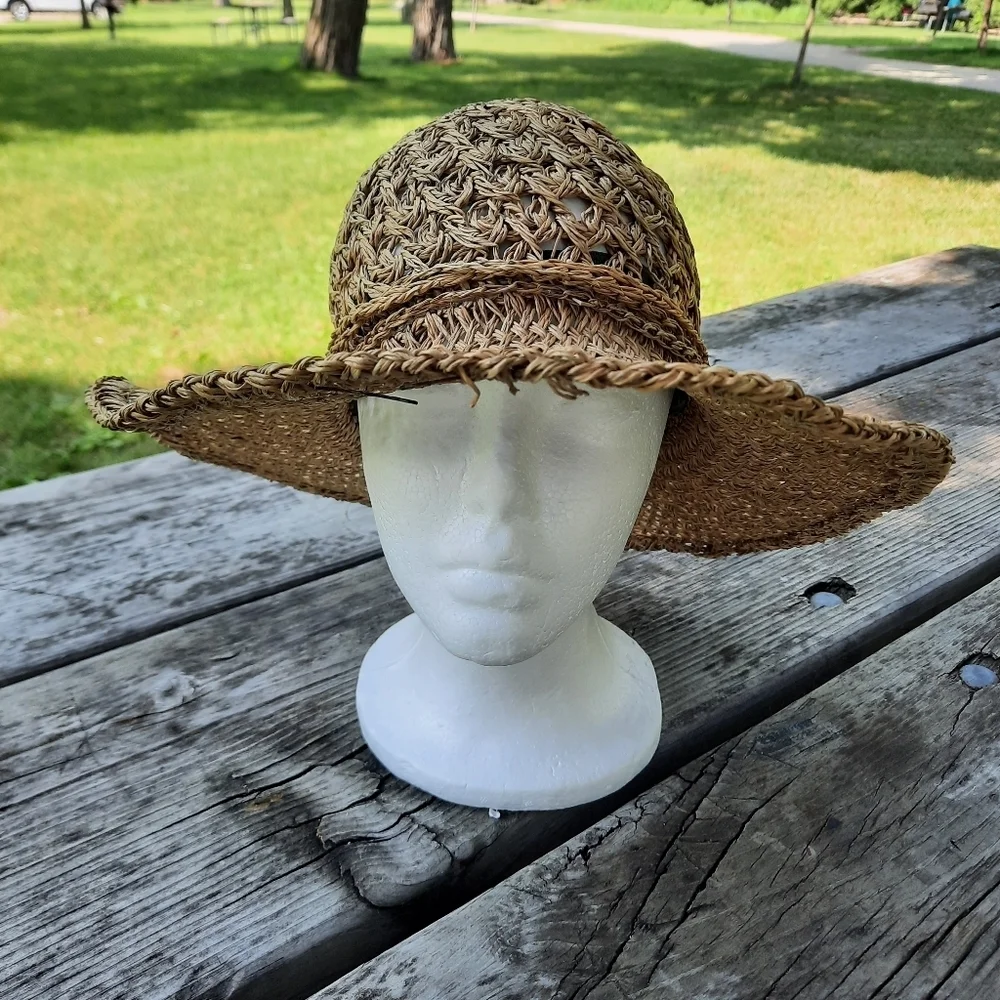 Scala Gal Woven Straw Hat Flower Detail Brim Natural Sun Hat Size 57cm